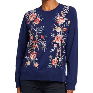 NEW Johnny Was Caspian Floral Embroidered Raglan Navy Sweatshirt Long Sleeve